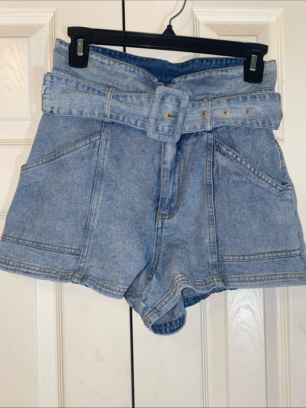 Le Lis Light Blue High-Waist Belted Denim Shorts